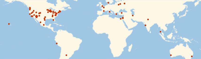 World map dotted with the birth locations of a small subset of Renay's clients