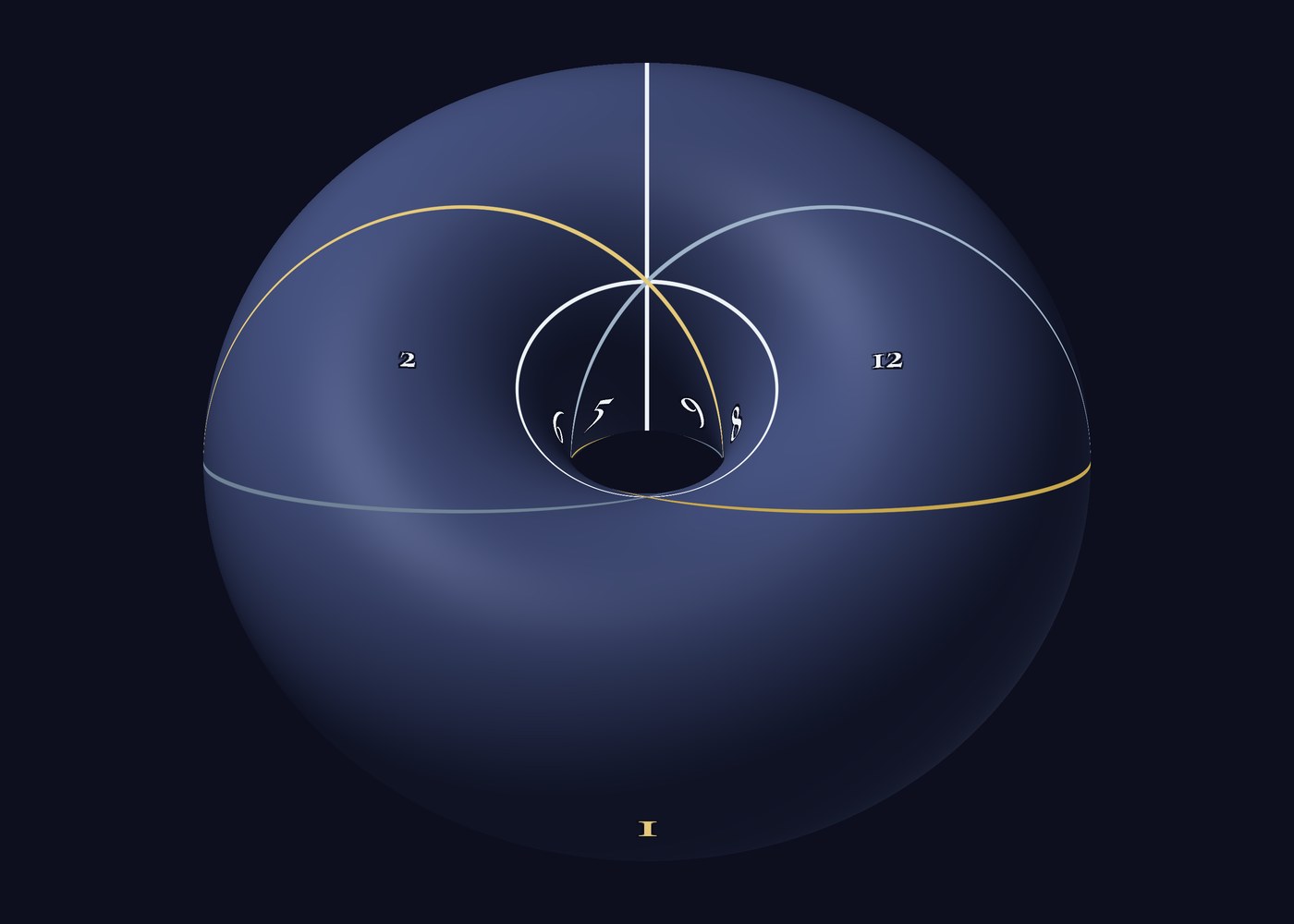 A shaded torus seen from above, with the chart’s lines painted on its surface: a cream meridian and parallel, two gold Hopf circles, two blue mirror circles, and the house numbers 1, 2, 12 on top and 5, 6, 8, 9 around the hole