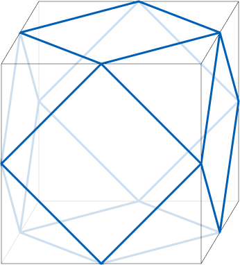 A cuboctahedron drawn inside a cube, its square faces standing open