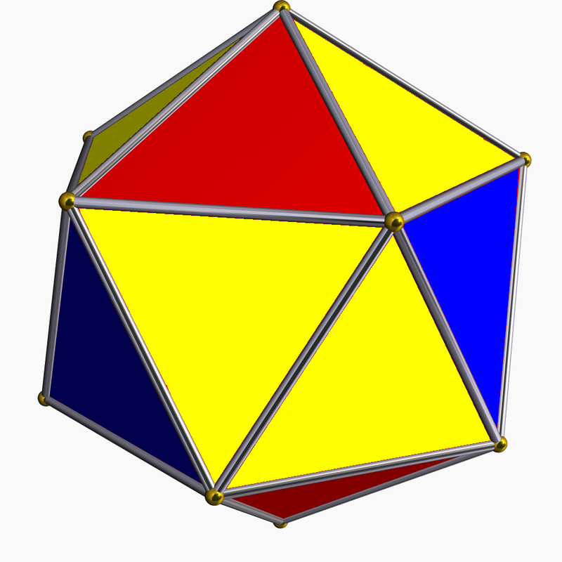 The snub tetrahedron: four pairs of yellow kendra triangles among red and blue faces